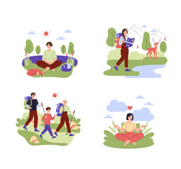 Fototapeta premium Hiking and Meditation Outdoor Activities Vector Illustration