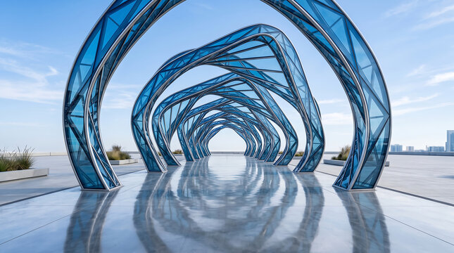Modern architectural structure featuring symmetrical blue glass arches and a reflective plaza pathway under a bright sky