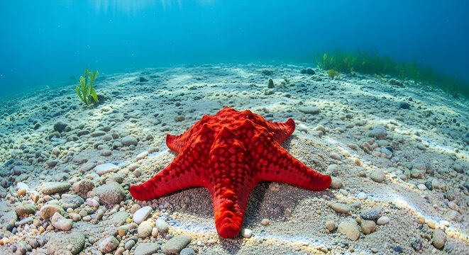 Bright red starfish on the rocky ocean floor underwater
