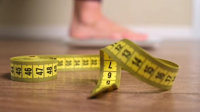 Woman feet on bathroom scale with yellow measuring tape on floor in foreground. Weight loss and diet control concept. Body measurement and slimming progress for healthy lifestyle and fitness