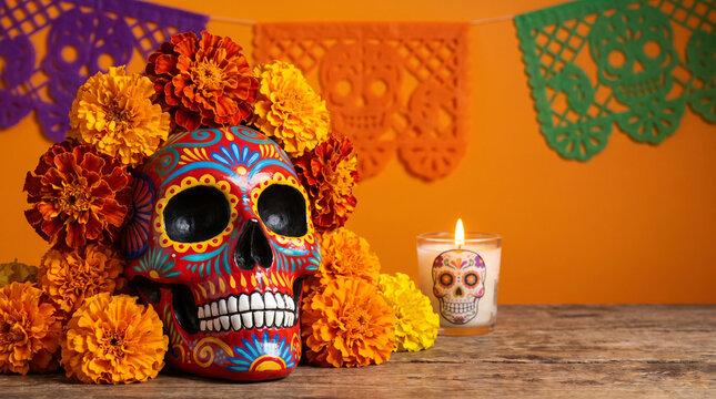 Dia de los Muertos Celebration with Colorful Calavera Skull, Marigold Flowers, Candle and Papel Picado on Orange Background. Happy Halloween 