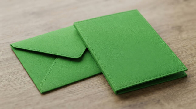 Green linen textured paper folder and matching envelope set on wooden surface for professional stationery and branding design mockups.