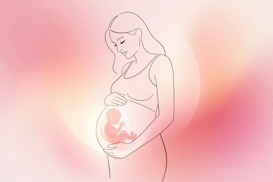 Pregnant woman holding belly showing fetus inside. Minimalist line art style. Soft pink gradient background. Gentle maternal tenderness conveyed artistically.