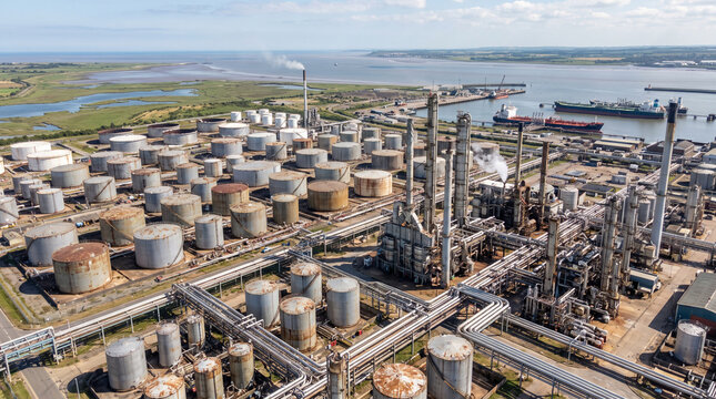 Aerial view of the oil refinery and petrochemical industrial complex at Immingham, England, with storage tanks, processing plants, and a complex network of pipelines.