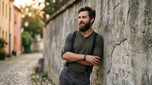 Bearded young man in henley shirt and dark suspenders leaning against weathered concrete wall on cobblestone alley, golden hour