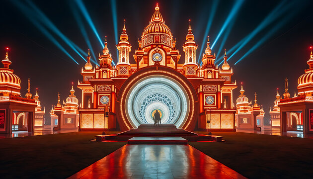 Illuminated palace entrance at night with intricate architecture.
