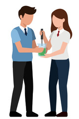 Obraz premium Flat vector illustration of two students mixing colorful chemicals in a laboratory beaker, school science experiment concept, educational chemistry icon for web and print design