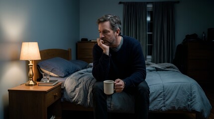 Fototapeta premium Pensive middle-aged man sitting alone on bed edge in dimly lit bedroom, holding white mug, warm lamp glow on nightstand, contemplative late-night mood, melancholic reflection
