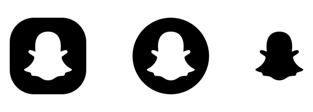 Black Snapchat logo icon set with ghost app symbol, social media button collection, transparent PNG style and, editorial social media vector illustration