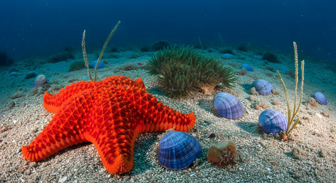 Bright red starfish on the dark ocean floor underwater