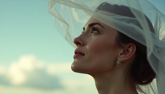 Beautiful bride with deep look wearing star earring and sheer wedding veil against sky, looking up with gentle happy smile. Delicate bridal portrait