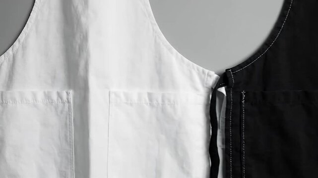 Black and white kitchen aprons hanging on plain wall.