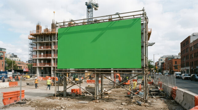 Large green construction site billboard frame on metal scaffolding for outdoor advertising commercial real estate project signage.