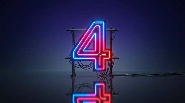 Large neon number four stands on reflective dark surface with exposed wires for anniversary countdowns or technology rankings.