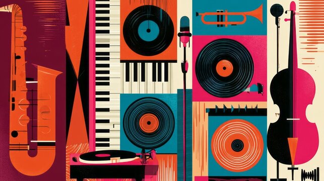Colorful Retro Music Collage with Vinyl Records, Piano Keys, Trumpet, Microphones and Double Bass. AI generative
