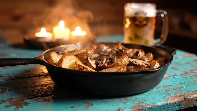 Cast iron skillet with mushrooms near beer mug.