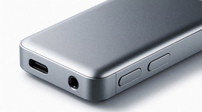 Sleek silver digital audio player isolated on white background. Features USB-C port, headphone jack and buttons. Modern portable music gadget.
