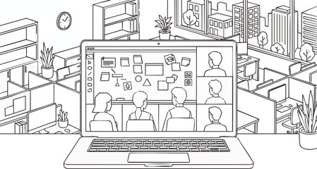 Fototapeta premium Modern stylish laptop screen showing diverse virtual meeting participants in a cozy home office setting, concept for remote work collaboration, online education, and digital communication