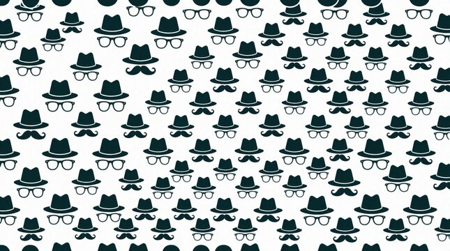 Seamless pattern of dark silhouettes featuring hats glasses and mustaches. Geometric grid arrangement on white background suitable for retro graphic design textile prints or wrapping paper.