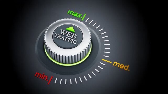 Web traffic button pointing maximum. 3D illustration