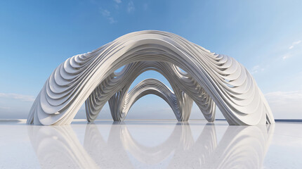 Abstract architectural structure featuring a minimalist white sculptural pavilion with layered curves and symmetrical arched supports on a reflective floor
