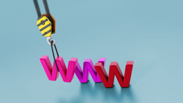 Crane carrying www letters representing website construction. 3D illustration