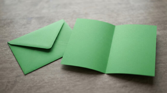 Open folded green card with matching envelope on rustic wooden surface for stationary sets and creative paper product mockups.