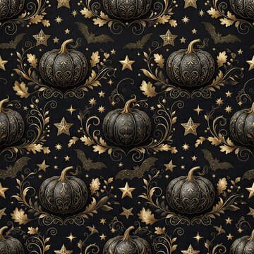 Elegant Seamless Halloween Pattern with Black Ornate Pumpkins, Golden Filigree, Bats, and Stars
