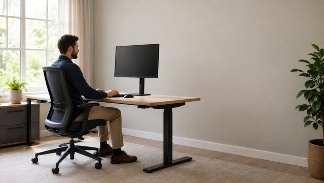 Worker Sits at Ergonomic Desk With Monitor at Safe Distance
