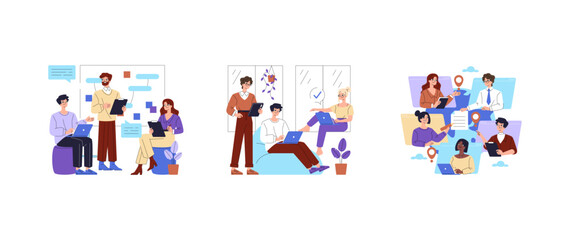 Fototapeta premium Remote Team Working and Sharing Ideas Vector Illustration