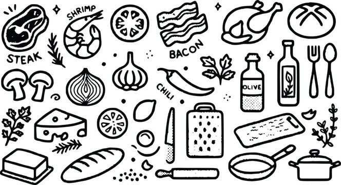 Hand-drawn food ingredients and cooking utensils in black ink, ideal for culinary art and restaurant designs.