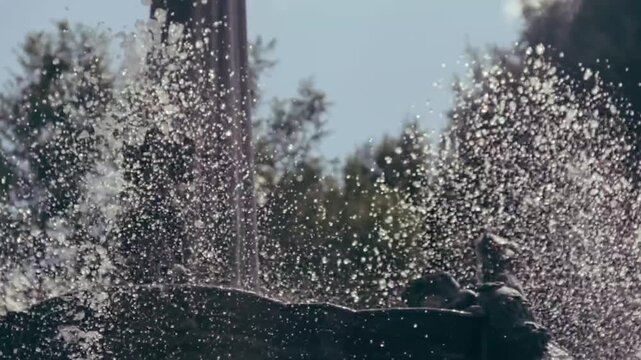 Water playfully splashes from a stone fountain in natural daylight, turning an ordinary architectural detail into a lively everyday scene.