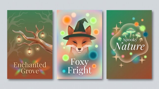 Set of three colorful halloween posters with a cute fox wearing a witch hat and magical enchanted forest scenes