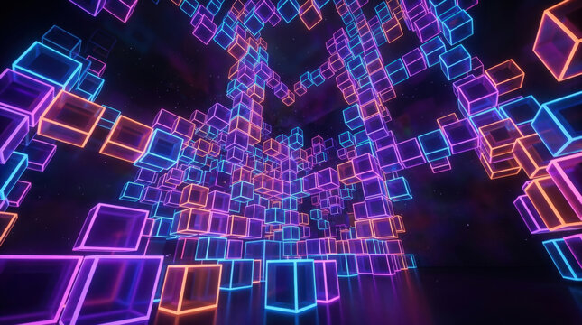 Abstract digital environment with glowing neon cubes in purple and orange hues creates futuristic cyber space grid architecture.