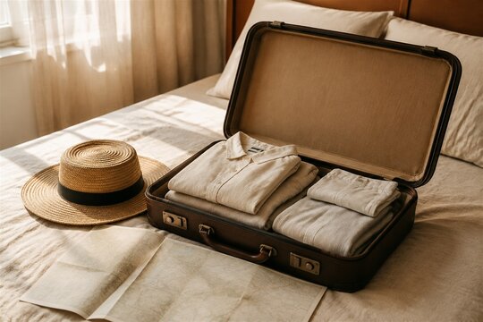 Open vintage suitcase packed for a relaxed summer trip