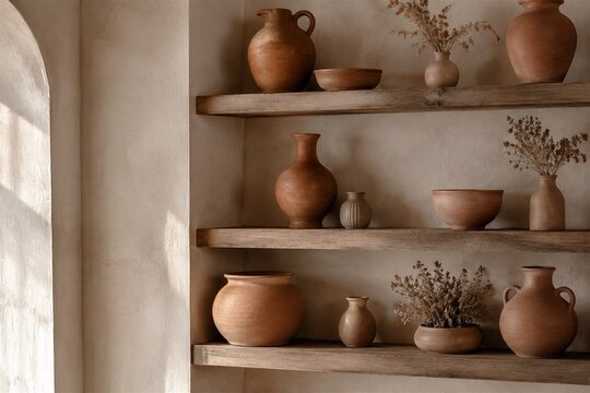 Minimal shelf display with handmade terracotta pottery