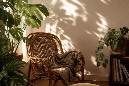 Sunlit rattan reading chair surrounded by houseplants