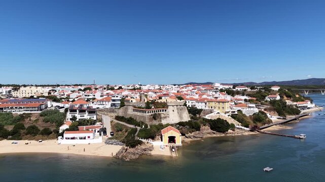 Aerial view of vila nova de milfontes and mira river estuary