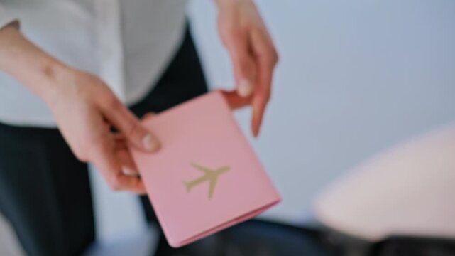 Hands holding pink passport cover airplane logo. Woman packing travel document.
