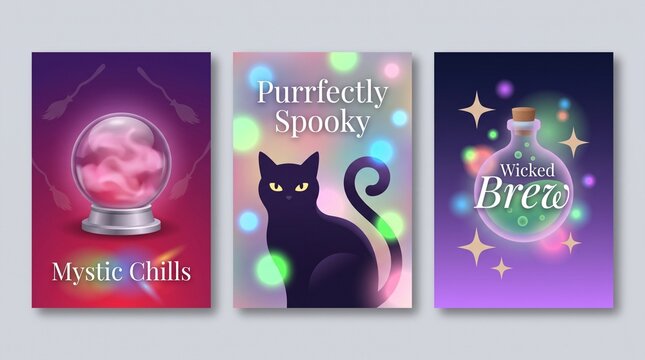 Three colorful halloween posters featuring a magic crystal ball a black cat and a wicked potion bottle design