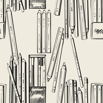 Seamless Pattern of Hand Drawn Sketch Pencils and Stationery