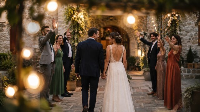 Newlyweds Leave a Lit Courtyard as Friends Wave Goodbye