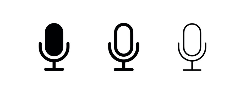 Microphone icon set. Audio, recording, and voice symbols in flat, glyph, and line styles.