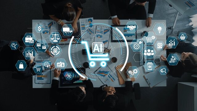 A dynamic business meeting set in a modern office, showcasing professionals engaging with digital data and artificial intelligence tools to drive innovation and strategy. Raster