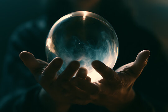 Halloween scene with glowing crystal ball and hands revealing mysterious aura