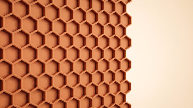Abstract three-dimensional honeycomb pattern with a minimalist terracotta geometric grid in an orange studio space