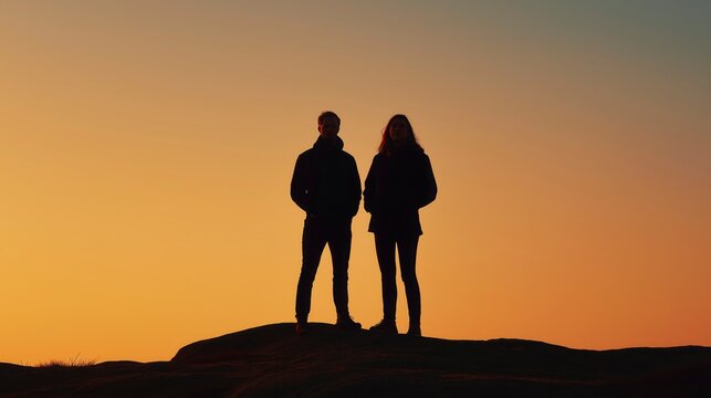 Two people standing close together as dark silhouettes against a bright horizon, with subtle body language, a soft gradient sky, and a calm emotional mood.