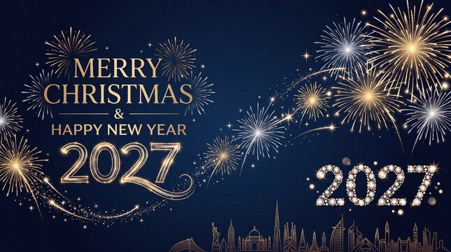 Merry Christmas and Happy New Year 2027 Celebration with Golden Fireworks, Sparkling Numbers and Festive City Skyline