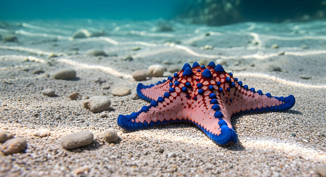 Colorful starfish resting on the sandy ocean floor