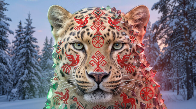 Majestic snow leopard with traditional red Slavic embroidery patterns and crystals, isolated on transparent background for artistic designs.